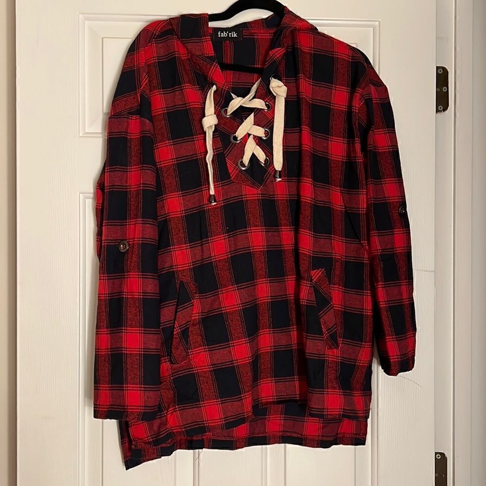 Fab’rik Flannel Hooded Long Sleeve Tunic Top L